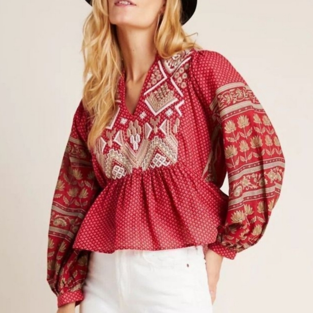 Anthropologie Embroidered Cotton Blouse Size 14